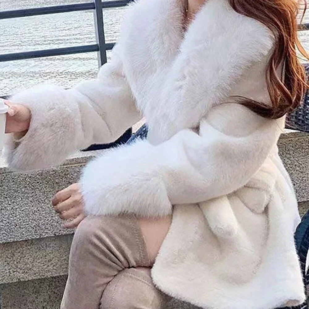 White Casual Women's Long Sleeve Faux Fur Collar Tie-Waist Faux Fur Jacket - Picture 2 of 6